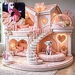 A small, fluffy dog dressed in a cute pink dress sits on a soft pink blanket against a dark background, looking to the side with an adorable, curious expression.