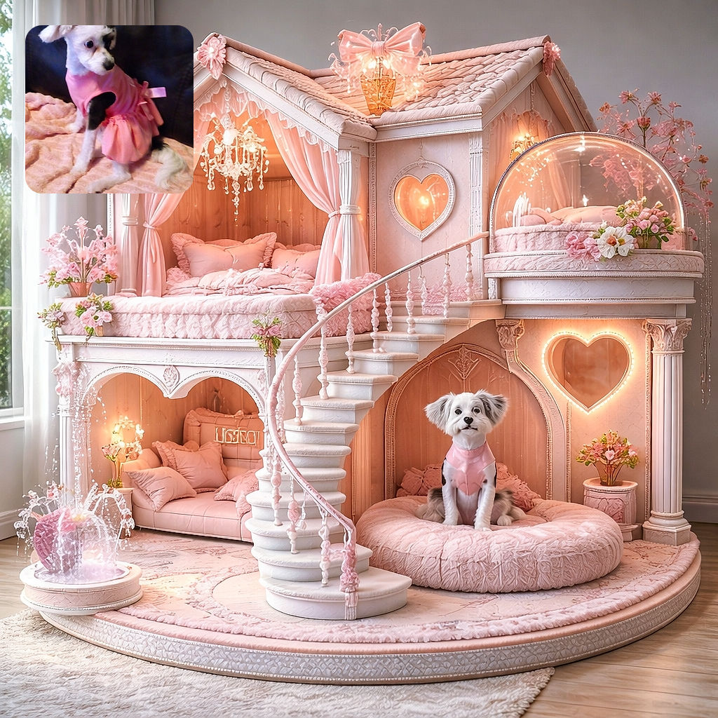 A small, fluffy dog dressed in a cute pink dress sits on a soft pink blanket against a dark background, looking to the side with an adorable, curious expression.