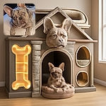 A charming French bulldog with striking blue eyes is laying on a cozy white bedspread, giving an adorably inquisitive look that says, 'Did you just say treat?' The dark background contrasts nicely with the dog's light fur, making the pup the undeniable star of this comfy indoor scene.