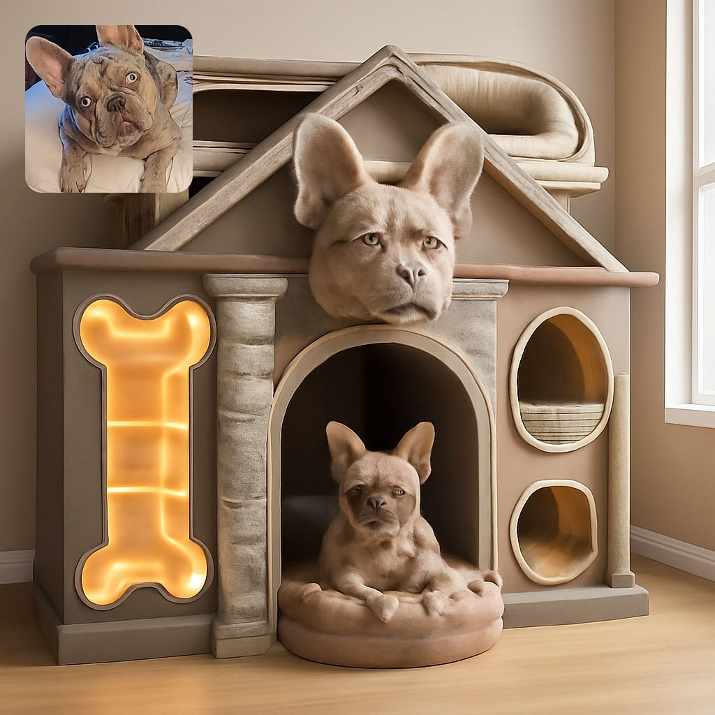 A charming French bulldog with striking blue eyes is laying on a cozy white bedspread, giving an adorably inquisitive look that says, 'Did you just say treat?' The dark background contrasts nicely with the dog's light fur, making the pup the undeniable star of this comfy indoor scene.
