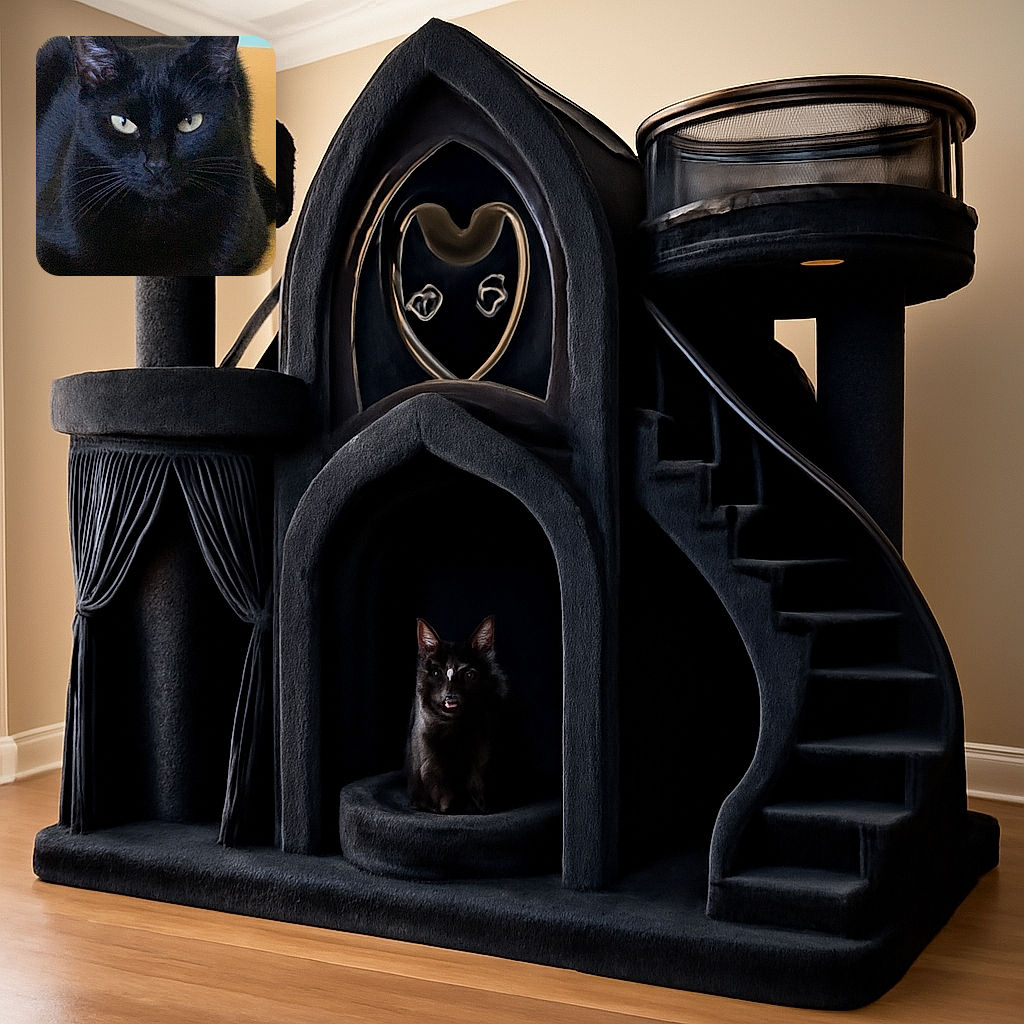 A sleek black cat stares intensely at the camera, its piercing eyes contrasting sharply with its dark fur, resting comfortably on a soft surface with a colorful background.