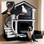 A happy black and white dog is lounging on a tiled floor with its mouth open in a joyful expression, looking like it's ready to share some tail-wagging fun.