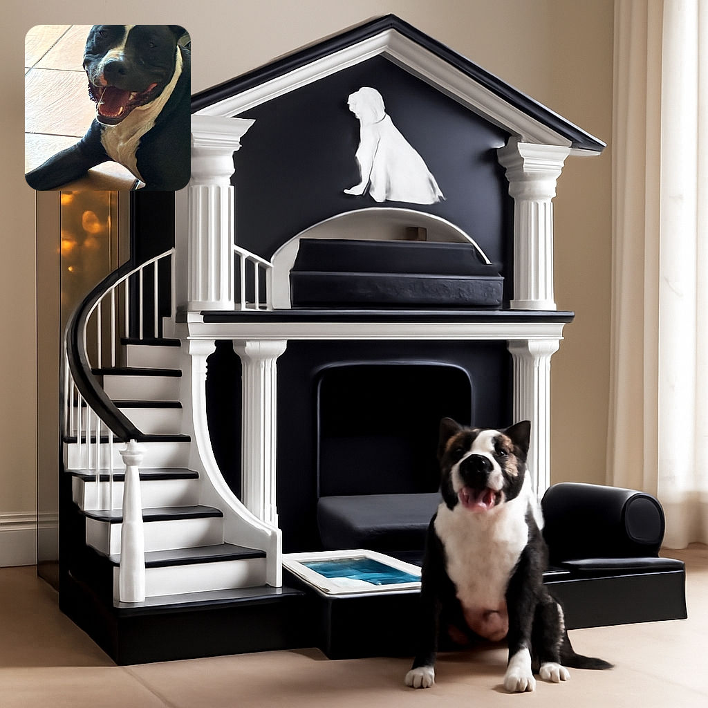 A happy black and white dog is lounging on a tiled floor with its mouth open in a joyful expression, looking like it's ready to share some tail-wagging fun.