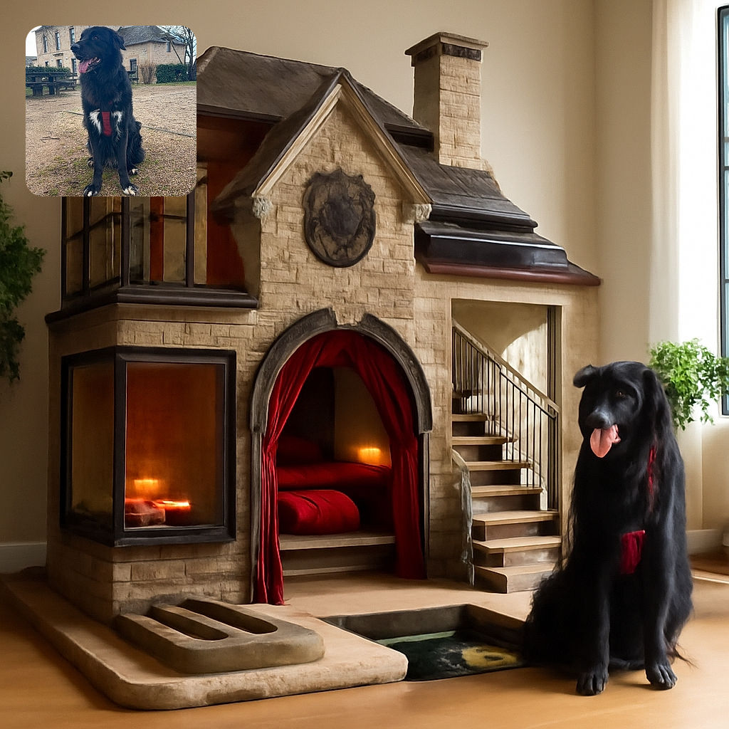 A fluffy black dog with white paws and chest sits obediently on a gravel path in front of a charming stone house, looking off to the side with its tongue out like it's ready for an adventure or maybe just a treat.