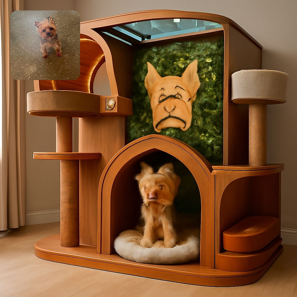 A small, fluffy Yorkshire Terrier stands on a patterned tile floor, looking up with curious, shiny eyes and ears perked up, as if ready for a treat or a game.