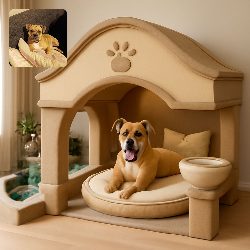 A tan dog with a white chest is comfortably lounging on a soft pillow on a gray couch, giving a calm and slightly serious look to the camera in a cozy indoor setting.