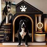 A curious black and white dog with expressive eyes sits attentively on a textured beige rug, looking up at the camera with a mix of anticipation and affection. The background shows a glass table with some objects, and the photographer's knees and an orange bucket are visible in the foreground, adding a casual, candid feel to the photo.
