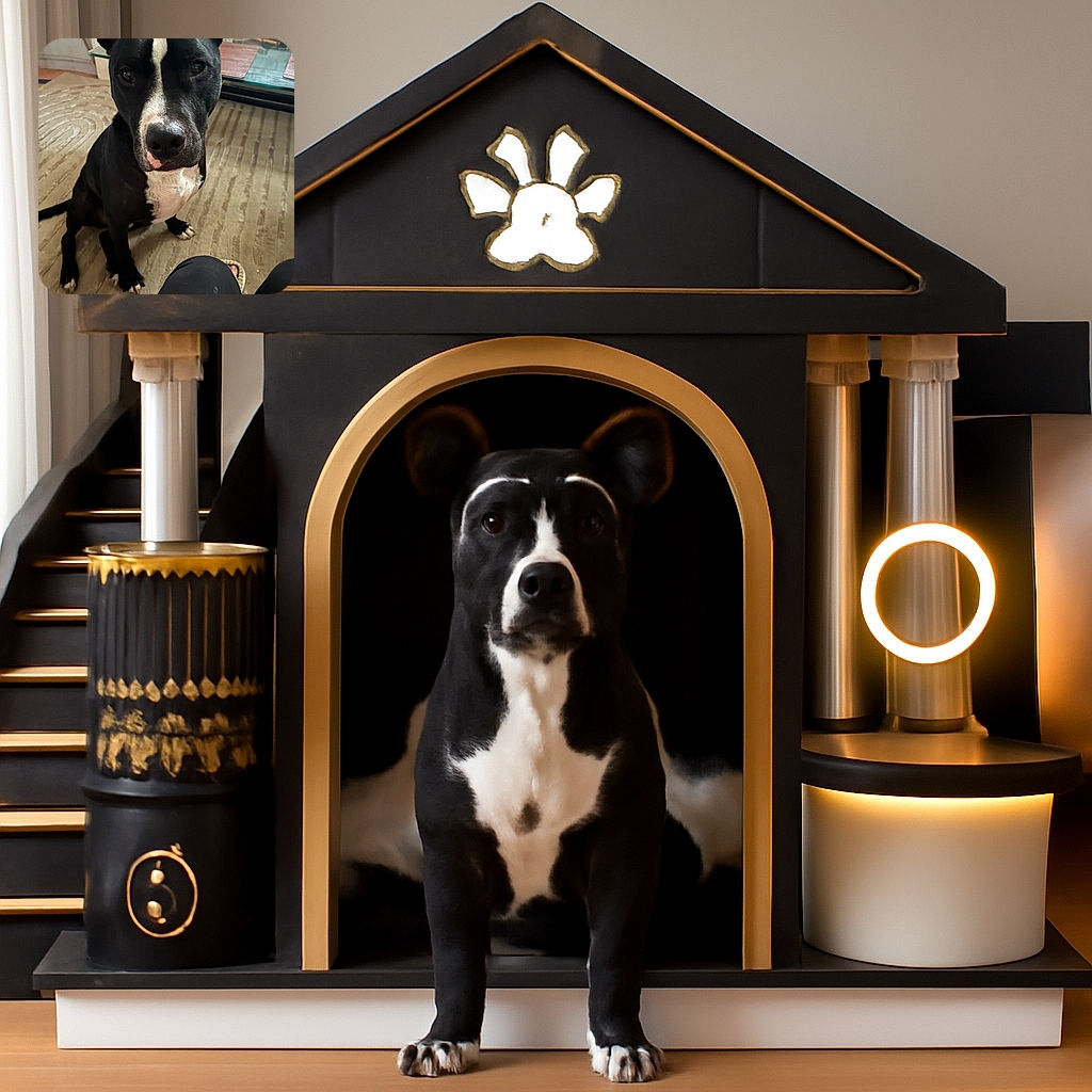 A curious black and white dog with expressive eyes sits attentively on a textured beige rug, looking up at the camera with a mix of anticipation and affection. The background shows a glass table with some objects, and the photographer's knees and an orange bucket are visible in the foreground, adding a casual, candid feel to the photo.