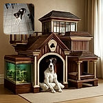 A charming brown and white dog lounges on a tiled floor, looking up with curious eyes as if plotting its next move while surrounded by chairs and a wooden table.
