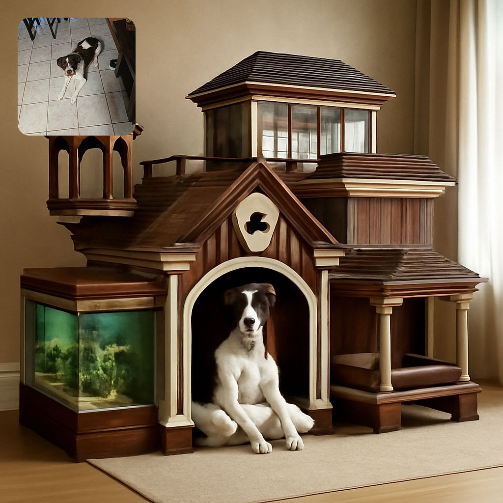 A charming brown and white dog lounges on a tiled floor, looking up with curious eyes as if plotting its next move while surrounded by chairs and a wooden table.