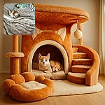 A cute orange and white kitten lounging comfortably on a textured beige blanket with a colorful bag resting nearby, all set in a cozy indoor environment with soft natural light.