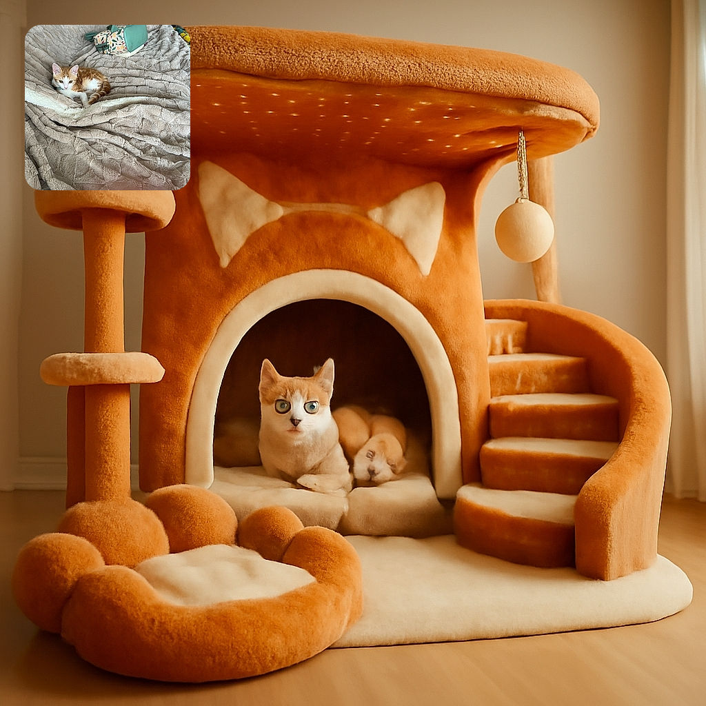 A cute orange and white kitten lounging comfortably on a textured beige blanket with a colorful bag resting nearby, all set in a cozy indoor environment with soft natural light.