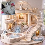 A regal fluffy cat with piercing blue eyes and a tiny bell on its collar, posing like it owns the bed — surrounded by pillows and a striped floral cushion, giving a slightly amused, judgmental stare.