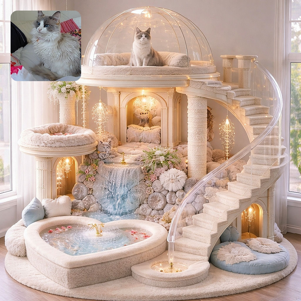 A regal fluffy cat with piercing blue eyes and a tiny bell on its collar, posing like it owns the bed — surrounded by pillows and a striped floral cushion, giving a slightly amused, judgmental stare.