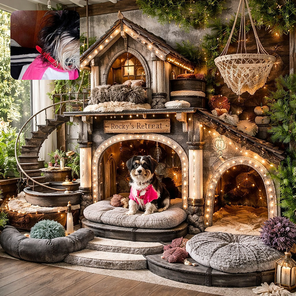 A candid snapshot of a man lying down next to a scruffy dog wearing a pink outfit and red collar, both sharing the frame with a cozy wooden background. The dog looks alert and curious, while the man appears relaxed and slightly tired.