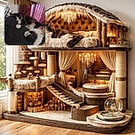 A fluffy calico cat is peacefully napping curled up on a dark textured blanket with a cozy plaid pillow and soft red curtains in the background, radiating ultimate relaxation vibes.