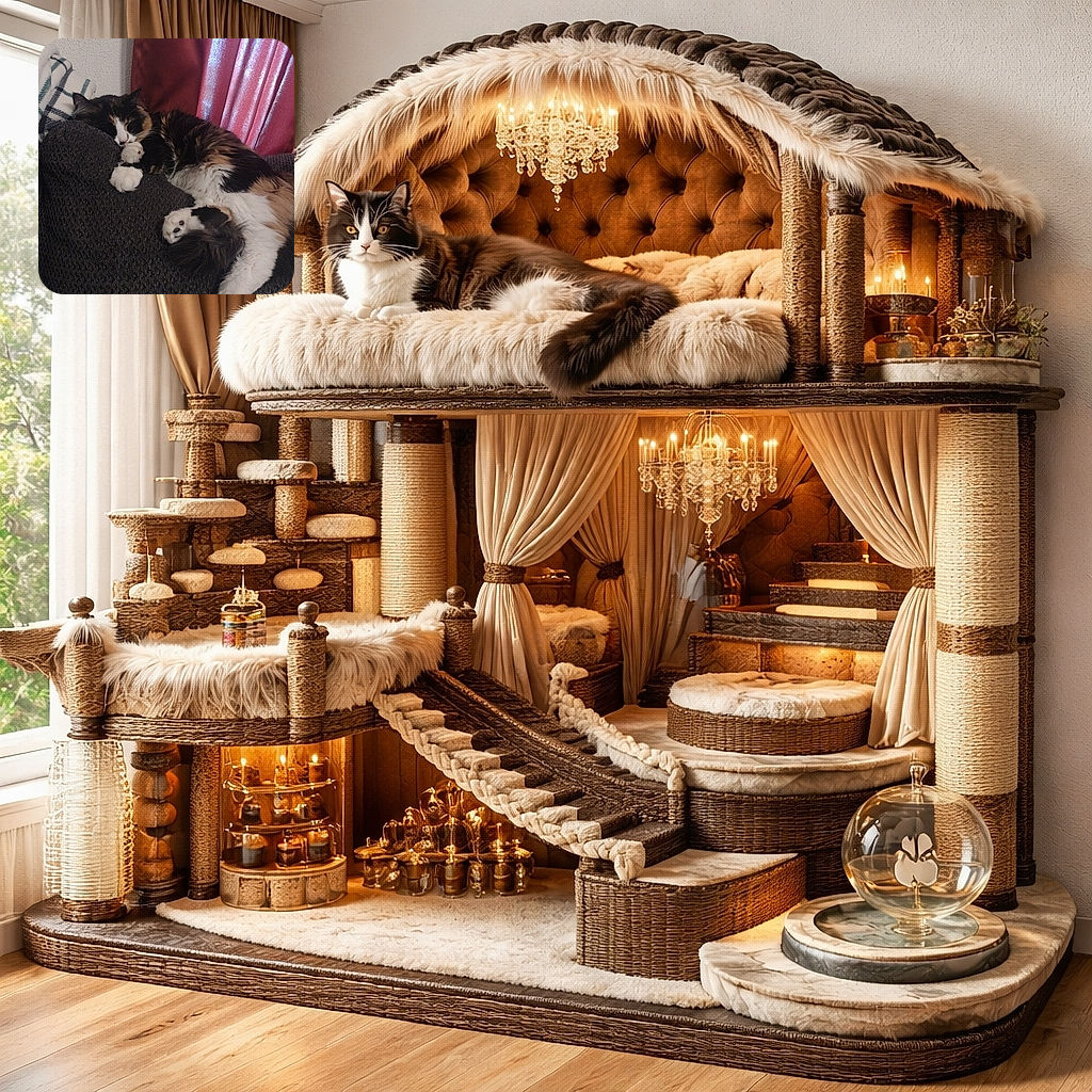 A fluffy calico cat is peacefully napping curled up on a dark textured blanket with a cozy plaid pillow and soft red curtains in the background, radiating ultimate relaxation vibes.