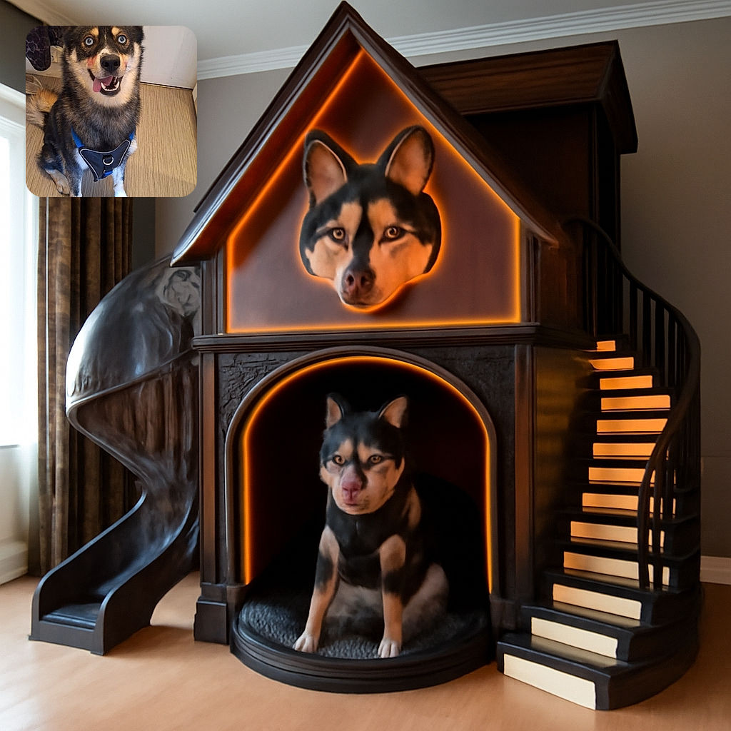 A happy dog with striking blue eyes and a playful tongue-out expression sits on a wooden floor wearing a blue and black harness, looking ready for an adventure or a treat.