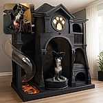 A small black and white dog wearing oversized aviator sunglasses is being held up by a person in a cozy wood-paneled room, striking a cool and confident pose as if ready to star in a canine action movie.