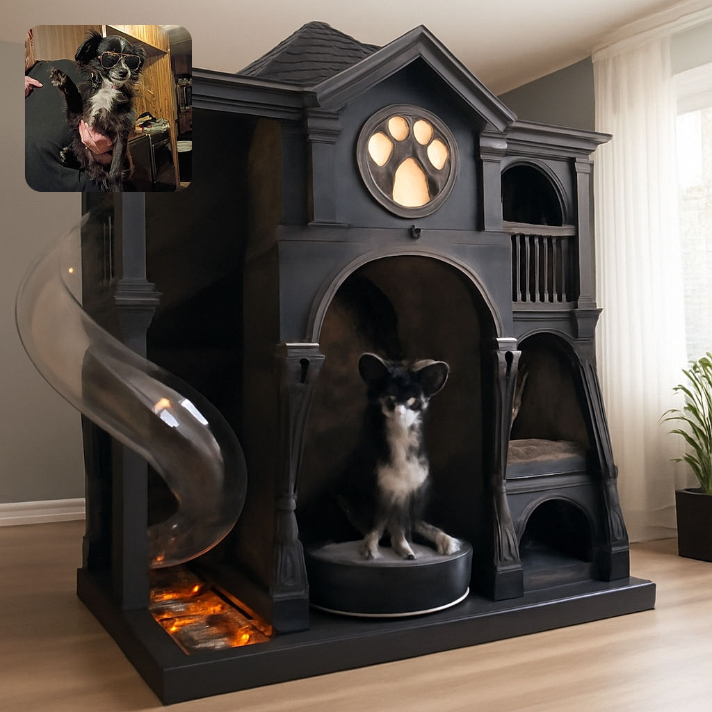 A small black and white dog wearing oversized aviator sunglasses is being held up by a person in a cozy wood-paneled room, striking a cool and confident pose as if ready to star in a canine action movie.