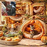 A charming tabby cat with captivating green eyes lounges comfortably on a couch adorned with autumn-themed cushions. The cat sports a bright orange collar with a flower and a heart-shaped tag, perfectly matching the warm hues of the pillows. The background is softly blurred, highlighting the cat's curious and serene expression.