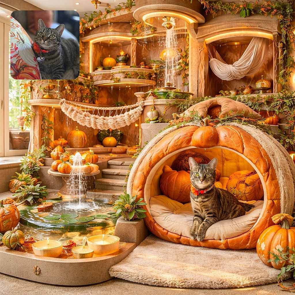 A charming tabby cat with captivating green eyes lounges comfortably on a couch adorned with autumn-themed cushions. The cat sports a bright orange collar with a flower and a heart-shaped tag, perfectly matching the warm hues of the pillows. The background is softly blurred, highlighting the cat's curious and serene expression.