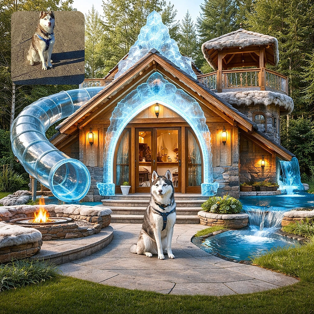 A majestic husky dog sits obediently on a sunlit gravel path, wearing a blue harness and looking attentively at the camera. The long shadows suggest it's either early morning or late afternoon, adding a warm tone to the scene.