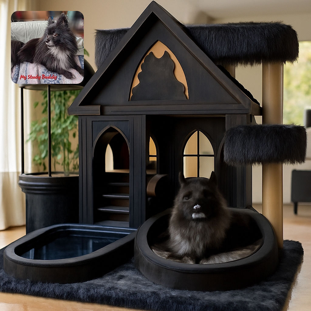A fluffy black and white dog lounges comfortably on a soft blanket, looking attentively to the side as if ready to help with some serious studying. The cozy setting is complemented by a playful red text overlay saying 'My Study Buddy,' making this furry friend the perfect companion for any study session.