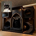 A curious black kitten with big golden eyes is perched atop a lampshade, peering down with an intense and adorable stare, making the lamp look like its throne in a dimly lit room.