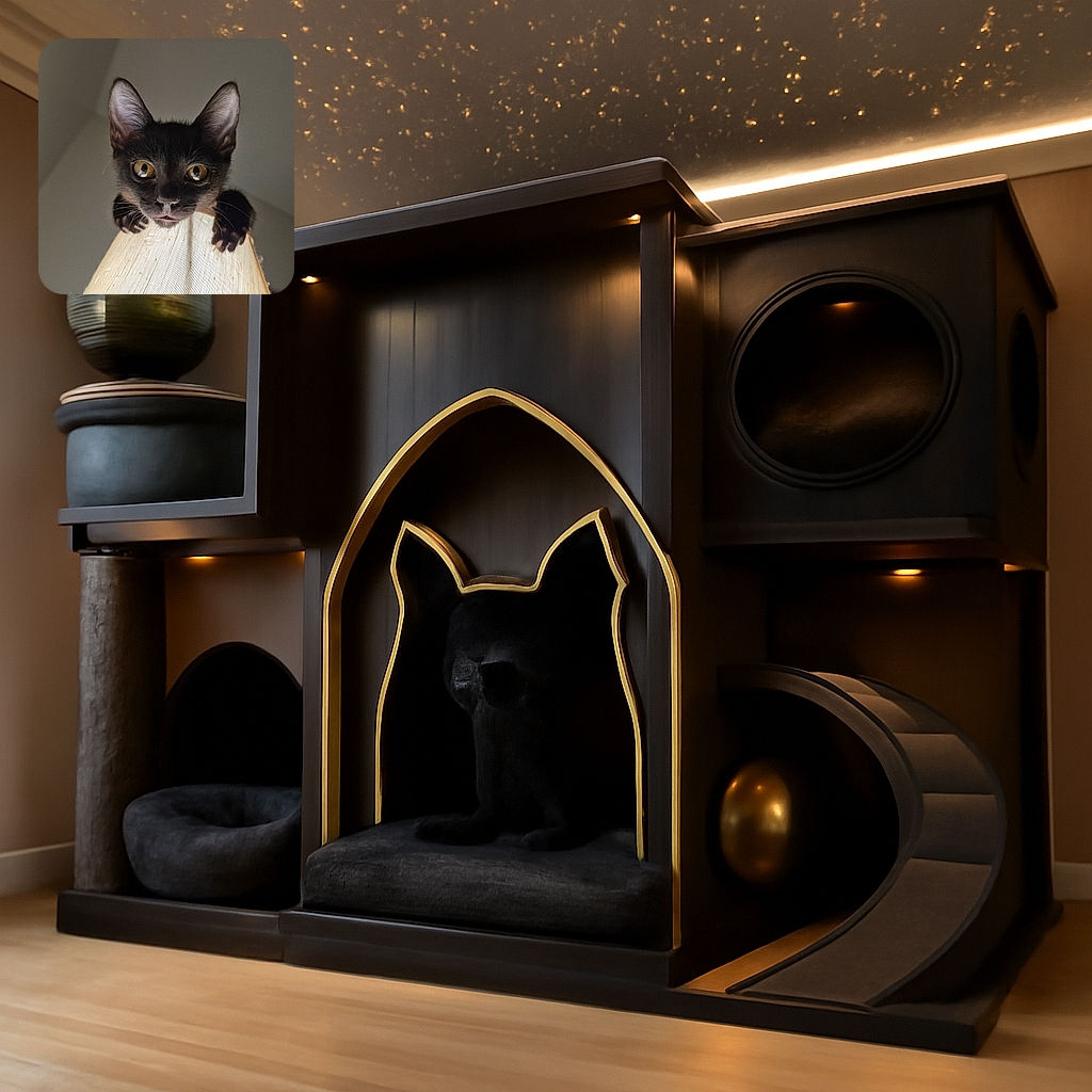 A curious black kitten with big golden eyes is perched atop a lampshade, peering down with an intense and adorable stare, making the lamp look like its throne in a dimly lit room.