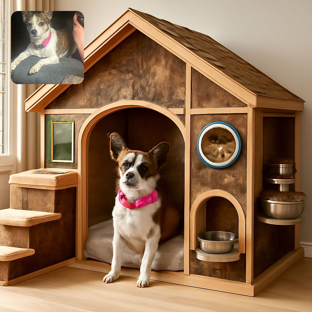 A small dog with a pink collar lounges on a textured gray surface, looking attentively at the camera. The lighting highlights its expressive eyes and brindle fur pattern. A person's hand holding a phone is visible on the right side, adding a casual, candid vibe to the cozy indoor setting.