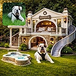 A white bulldog with a distinctive brown patch over one eye lounges on lush green grass, wearing a black harness, surrounded by dense foliage in the background. The dog's serious expression contrasts humorously with the relaxed outdoor setting.