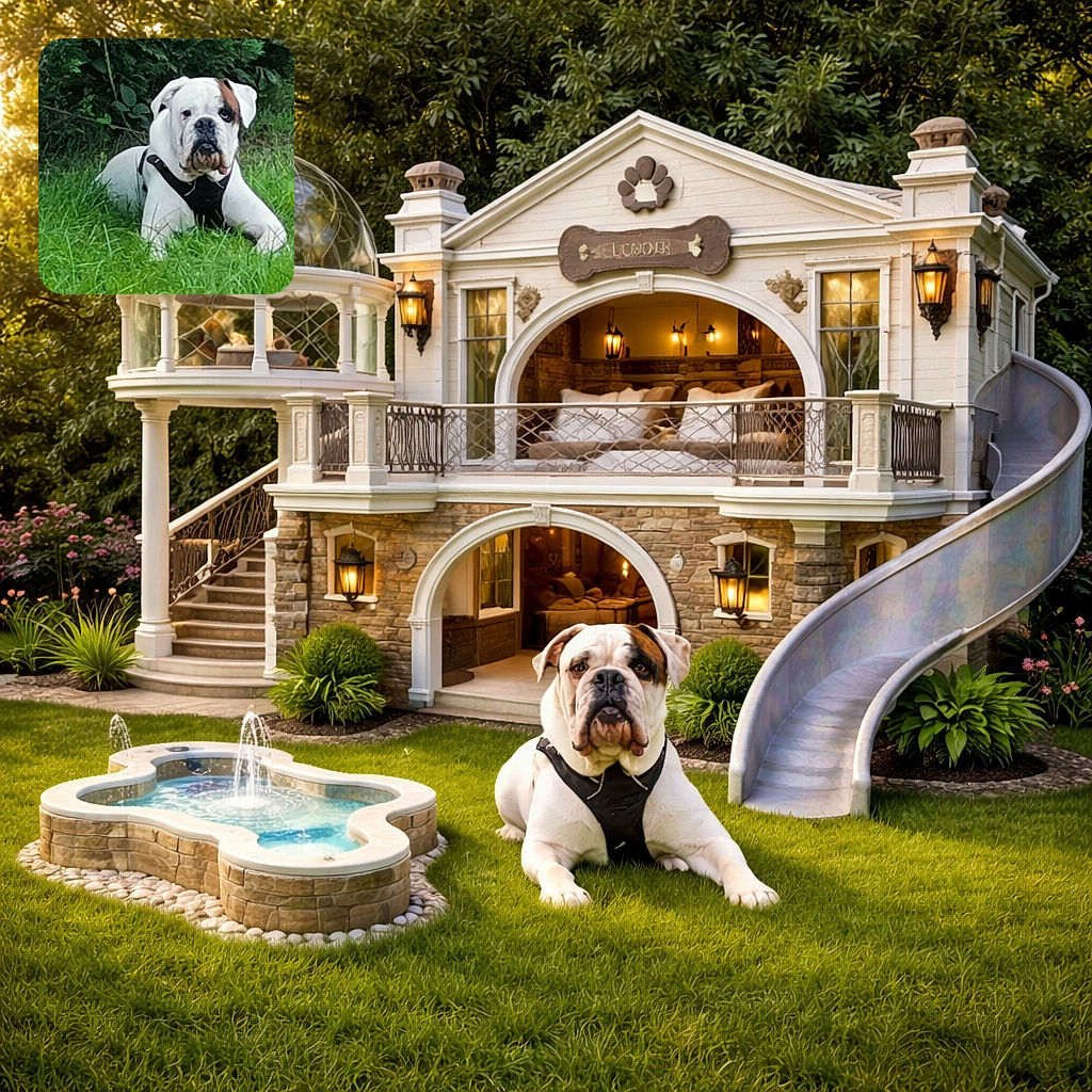 A white bulldog with a distinctive brown patch over one eye lounges on lush green grass, wearing a black harness, surrounded by dense foliage in the background. The dog's serious expression contrasts humorously with the relaxed outdoor setting.
