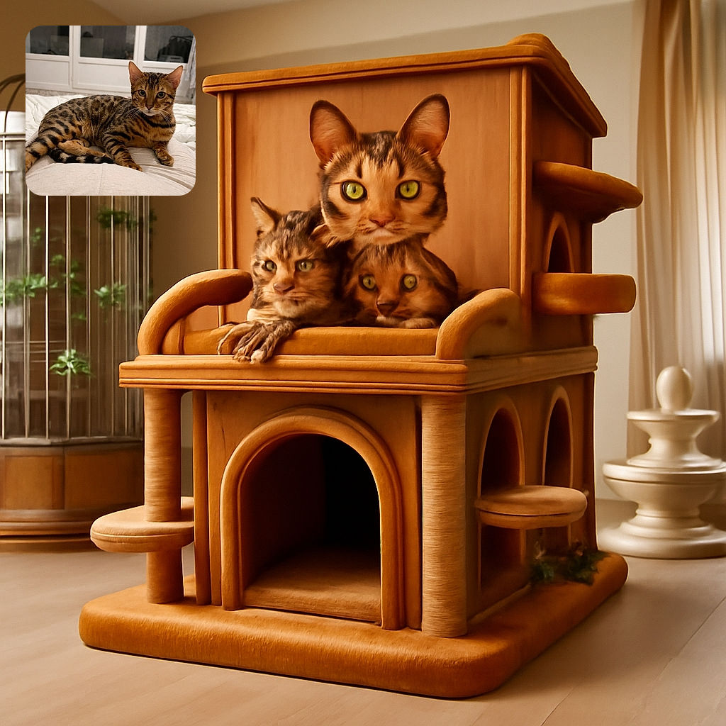 A sleek Bengal cat lounges comfortably on a soft, light-colored blanket, gazing curiously with its striking green eyes. The background shows a cozy indoor setting with closed glass doors and subtle home details, creating a warm and peaceful atmosphere.