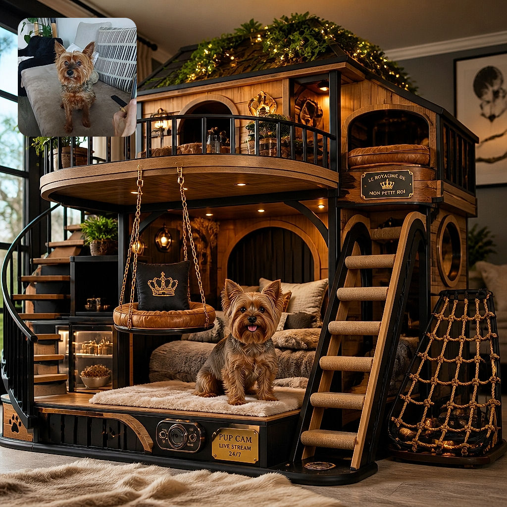 A tiny Yorkshire terrier sits proudly on the couch, staring into the camera like it has just been elected mayor of the living room. Behind it, a black blanket lounges dramatically while houseplants add a touch of jungle glamour, and a remote control waits nearby for its next binge-watch command.
