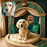 A close-up photo of a small, curly-haired white dog with large expressive eyes and slightly open mouth, sitting comfortably on a blue couch with colorful cushions in the background. The dog's fur looks soft and slightly tousled, giving it a cute and friendly appearance.