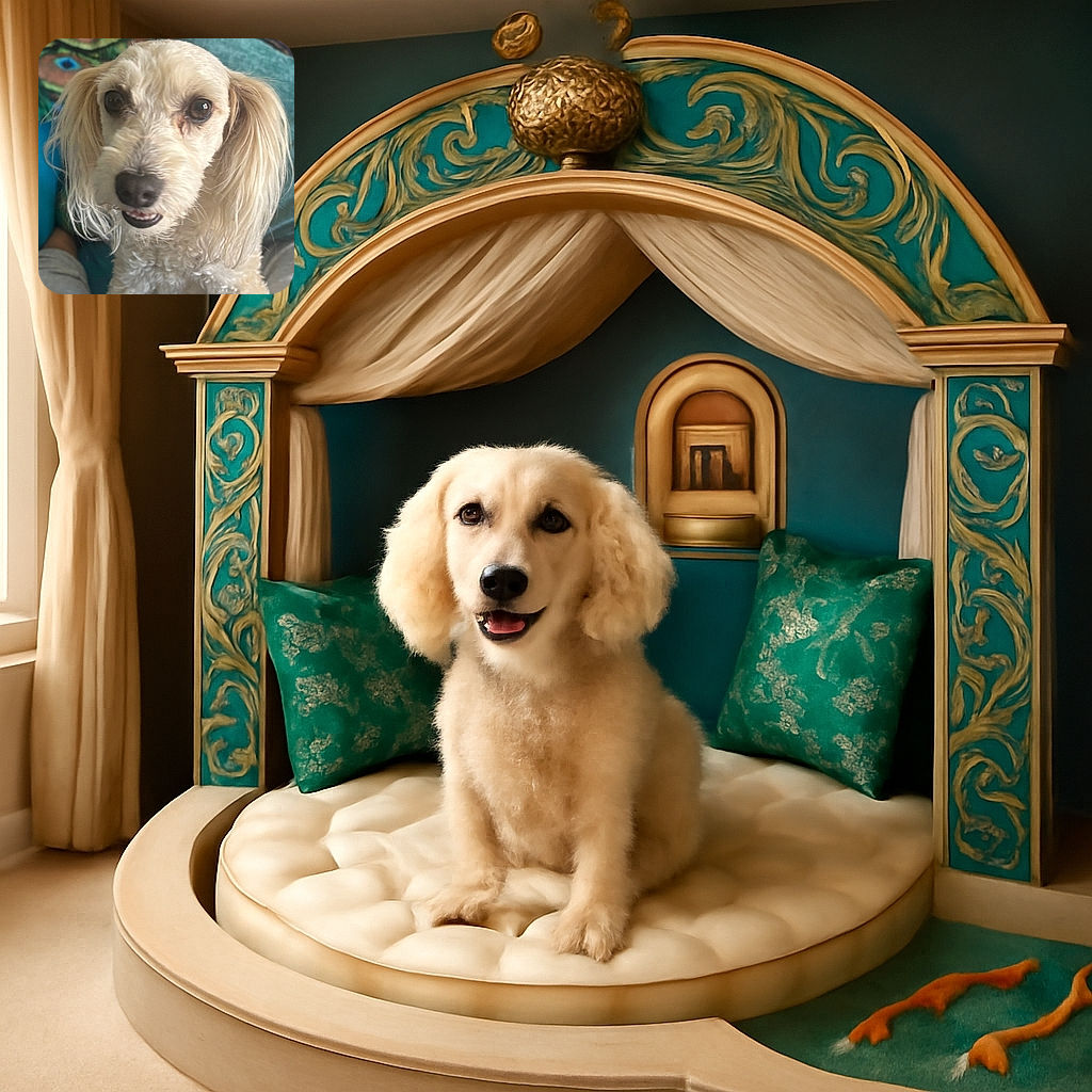 A close-up photo of a small, curly-haired white dog with large expressive eyes and slightly open mouth, sitting comfortably on a blue couch with colorful cushions in the background. The dog's fur looks soft and slightly tousled, giving it a cute and friendly appearance.