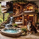 A fluffy, soulful-eyed dog lounges on a wooden floor like it pays rent—one paw politely outstretched, fur perfectly tousled, giving you that "did you bring snacks?" look.