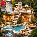 A fluffy cream-colored dog with striking blue eyes sits happily on tiled flooring, tongue out in a cheerful smile, with a vibrant red door and dark wall in the background adding a pop of color.