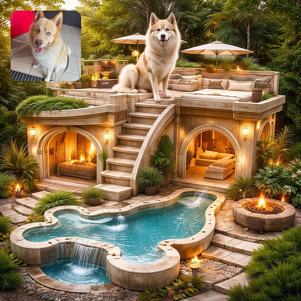 A fluffy cream-colored dog with striking blue eyes sits happily on tiled flooring, tongue out in a cheerful smile, with a vibrant red door and dark wall in the background adding a pop of color.