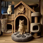 A charming tabby cat sits serenely on a sunlit tiled floor, basking in the warm glow with a calm and regal expression. The background features a curtain and wooden cabinetry, adding a cozy indoor vibe.