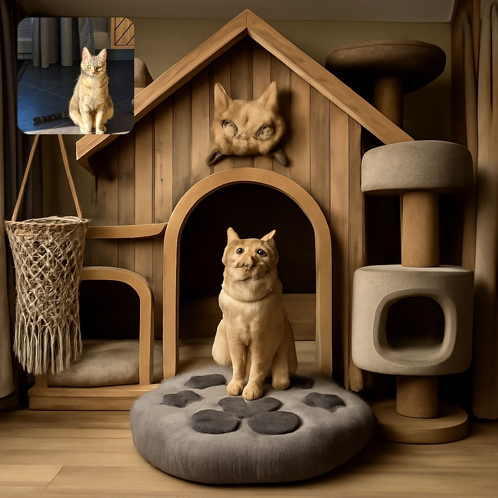 A charming tabby cat sits serenely on a sunlit tiled floor, basking in the warm glow with a calm and regal expression. The background features a curtain and wooden cabinetry, adding a cozy indoor vibe.