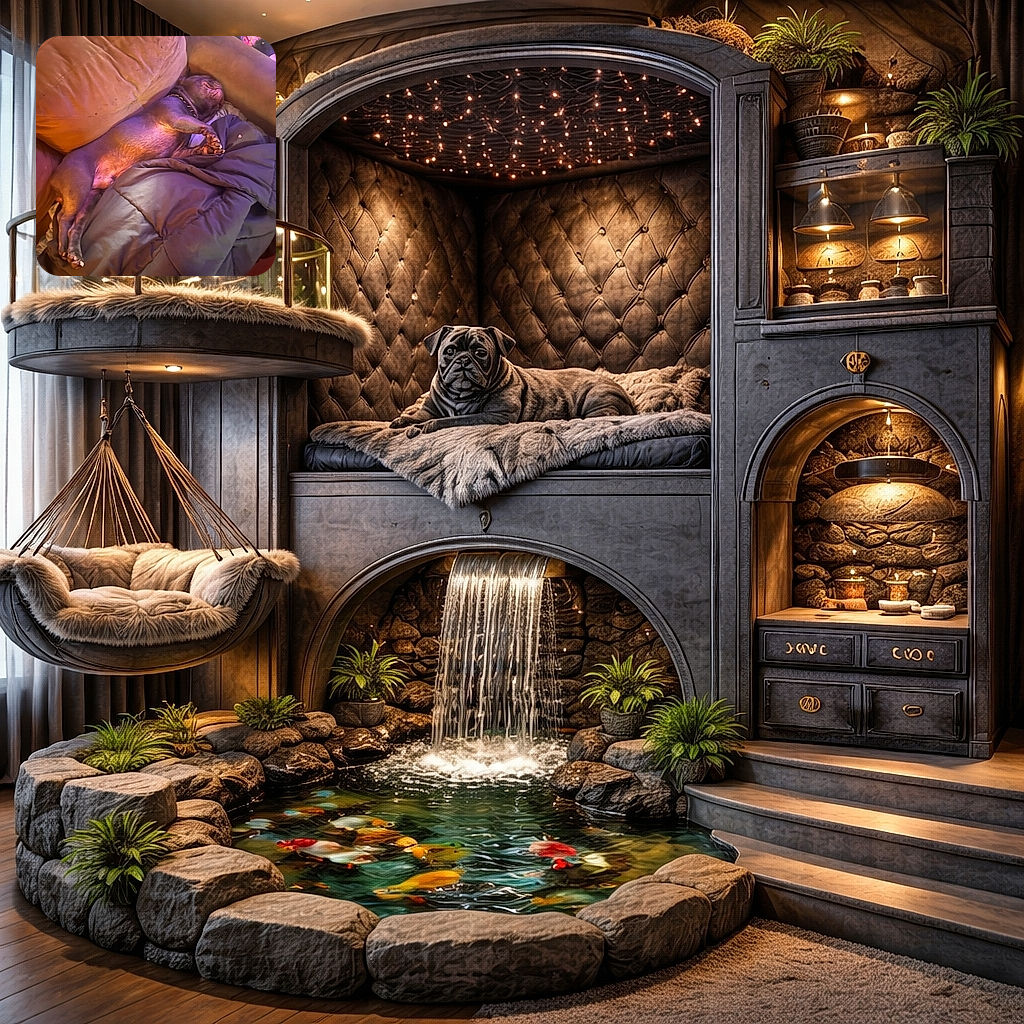 A plump dog is blissfully sprawled out on a couch and puffy blanket, curled into the ultimate nap pose with paws splayed and head tucked against the cushion. Warm purple-pink ambient lighting gives it a dreamy, disco-nap vibe — like it's auditioning for 'blanket burrito of the year.' The studded collar and relaxed paw pads add charming details.