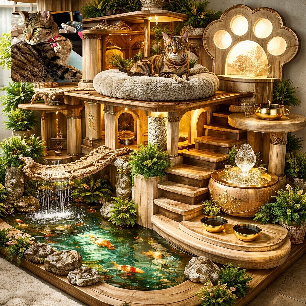 A dignified tabby giving a sassy side-eye while wearing a pink collar and bone-shaped tag, lounging on a rumpled bed with shoes and laundry peeking in the background — whiskers primed for judgment and one green eye plotting the next nap conquest.