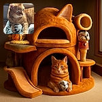 A regal orange tabby cat lounges comfortably in a cozy bed, clutching a plush mouse toy with a look of quiet contemplation as soft natural light highlights its striking blue eyes and fur texture.