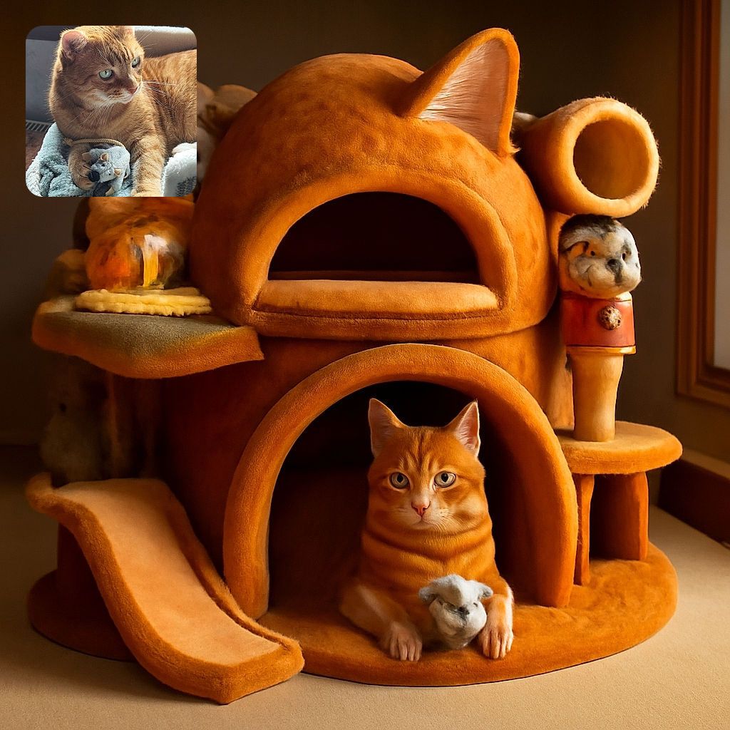 A regal orange tabby cat lounges comfortably in a cozy bed, clutching a plush mouse toy with a look of quiet contemplation as soft natural light highlights its striking blue eyes and fur texture.