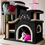 A curious black and white cat lounges on a bed, clutching a bright pink fuzzy toy with its paws, looking directly at the camera with wide eyes. The bed is slightly rumpled with a gray blanket and checkered pillow in the background, and an orange snack lies on the floor nearby.