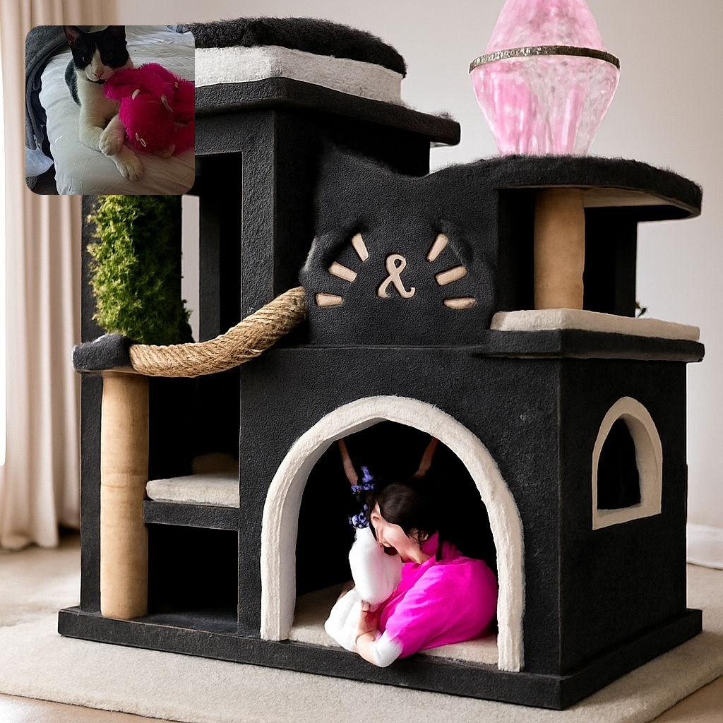 A curious black and white cat lounges on a bed, clutching a bright pink fuzzy toy with its paws, looking directly at the camera with wide eyes. The bed is slightly rumpled with a gray blanket and checkered pillow in the background, and an orange snack lies on the floor nearby.