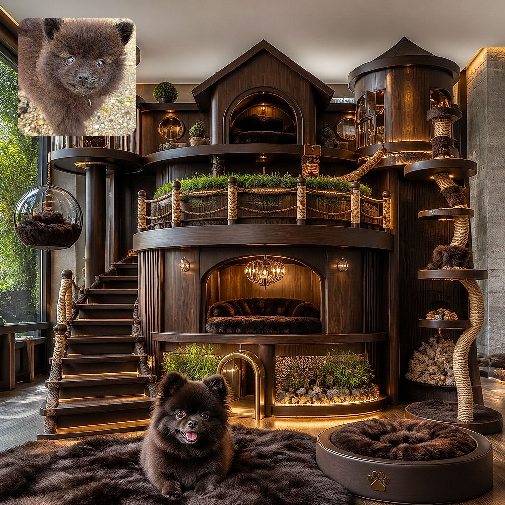 A fluffy chocolate-brown puppy stares into the camera with enormous innocent eyes, as if caught mid-thought while wearing a tiny beard of drool. Its teddy-bear fur and triangular ears make it look like a living plush toy standing proudly on a pebble-covered path.