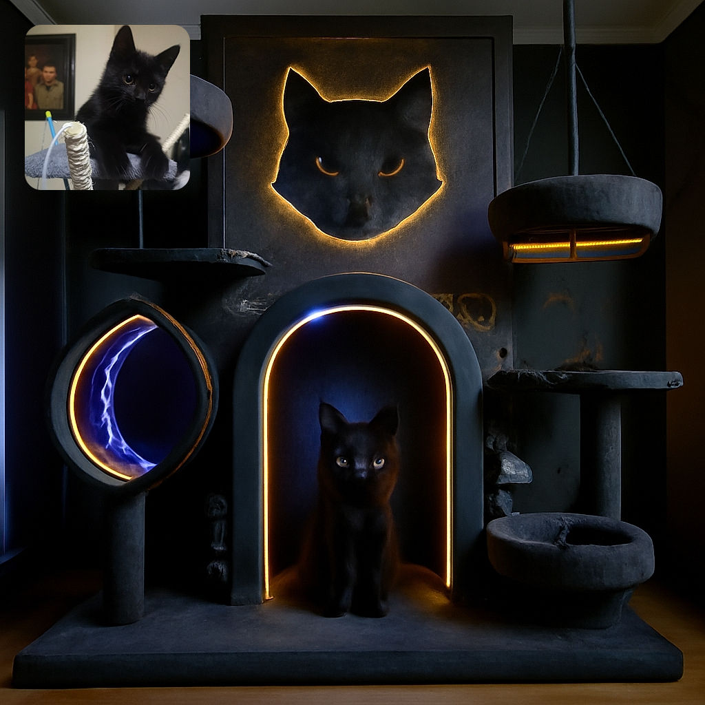 A curious black kitten with wide eyes is perched on a cat tree, seemingly ready to pounce or play. The background shows a framed portrait and some household items, adding a cozy indoor vibe.